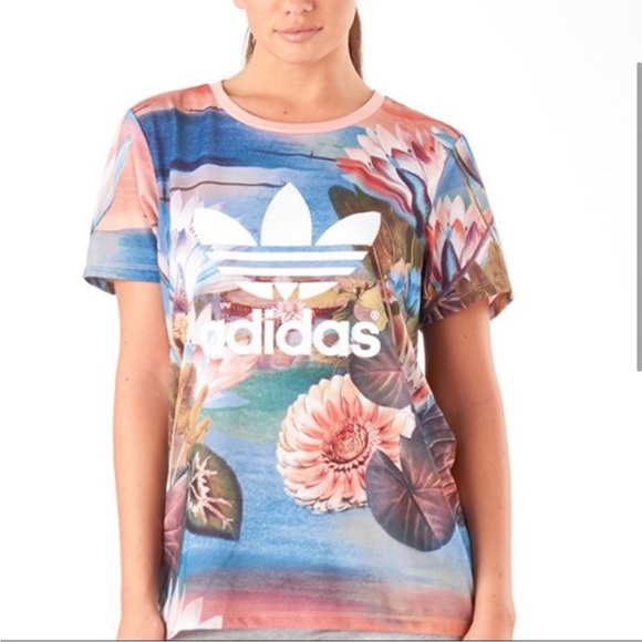 Adidas x Farm Rio Lotus Curso D’Agua Short Sleeve Tee Shirt - Picture 1 of 5